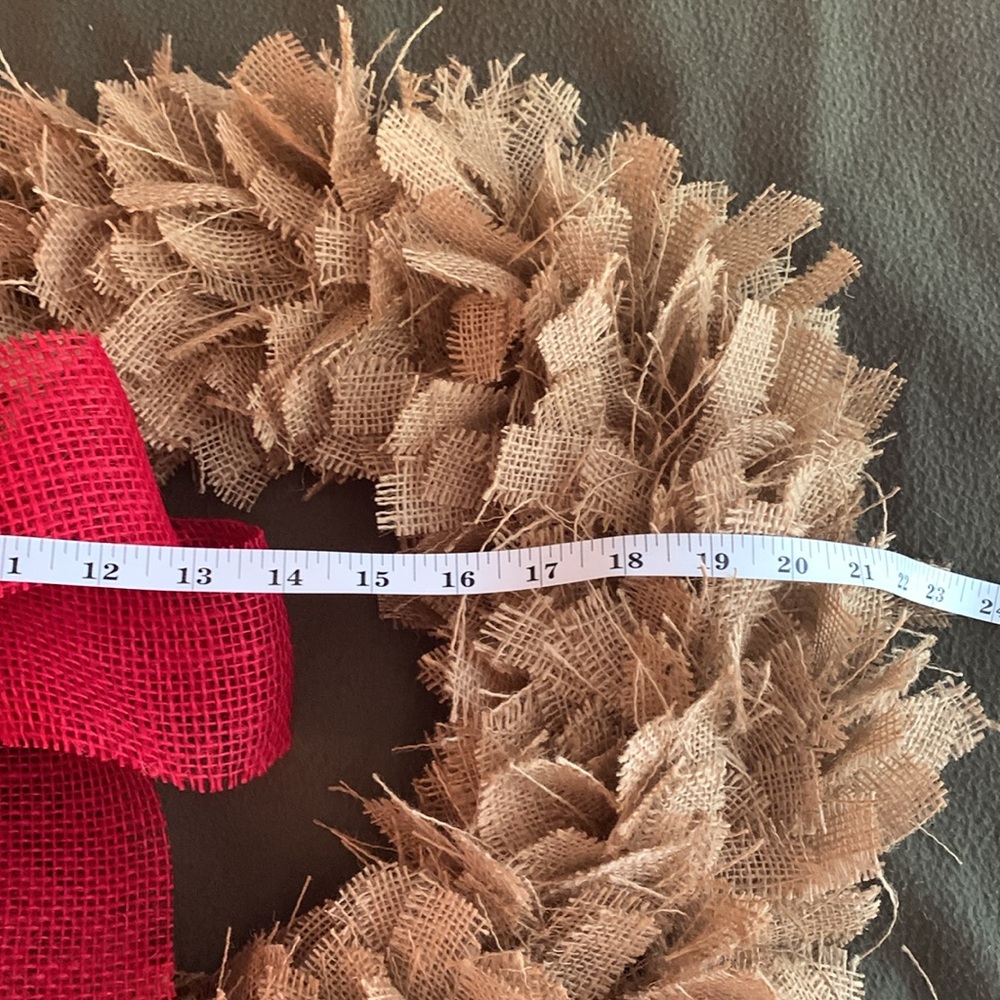 Brand new handcrafted rustic natural and red burlap wreath. Approx 22” w/ bow - Picture 5 of 6